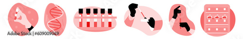 A set of illustrations on the topic of blood donation. Donate blood, save a life. June 14th. Blood type. World Blood Donor Day. Vector illustration