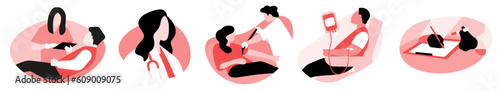 A set of illustrations on the topic of blood donation. Donate blood, save a life. June 14th. Blood type. World Blood Donor Day. Vector illustration