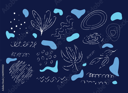 Handdrawn elements set for design in the beauty. A collection of abstract shapes, individual ink dots, circles, plants, stripes on a dark background.