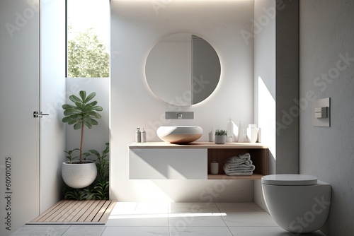 a sleek, modern bathroom with a round white wash basin and minimalist finishes, created with generative ai photo