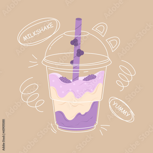 Blueberry bubble milk tea or milk cocktail. A glass of drink with a tubule. Milk tea in a plastic glass with a straw. Cool summer drink with latter and doodle elements. Trendy vector illustration