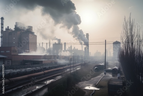 factory, with smoke and haze rising from its chimneys, contributing to air pollution, created with generative ai