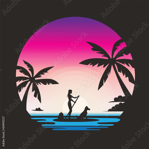 Silhouette of a girl on a surfboard with a dog on the beach 