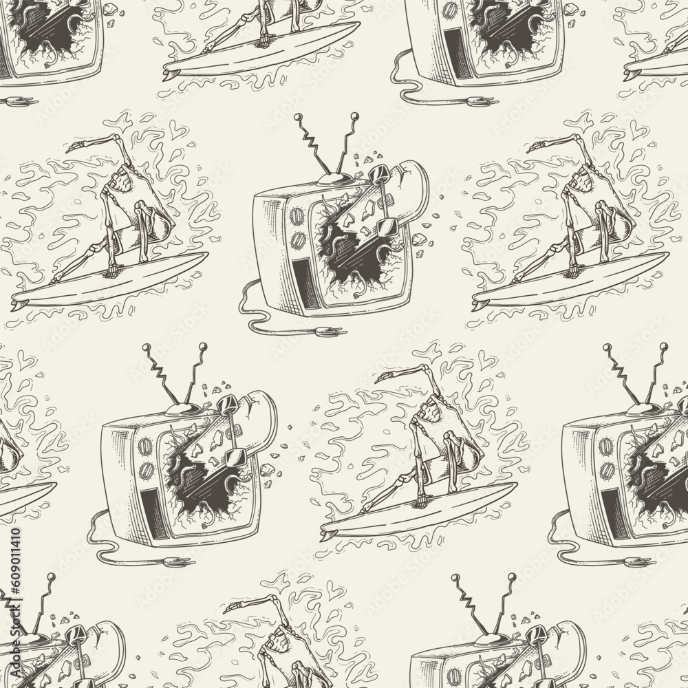 Obraz premium Seamless pattern with retro tv and man surfing in the sea