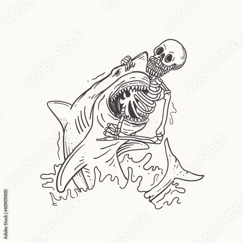 Vector illustration of skeleton and shark. Hand drawn doodle style
