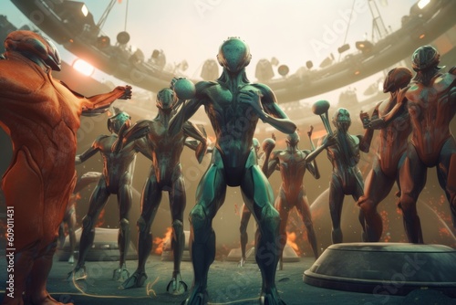 alien team celebrating victory in sporting event on futuristic alien world, created with generative ai