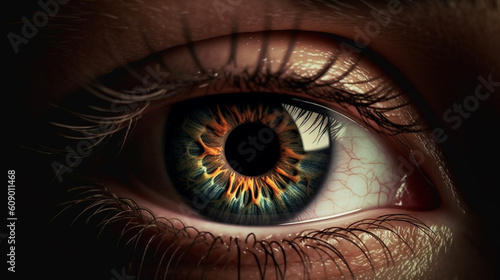 A close up of a blue eye with the word eye on it.generative ai
