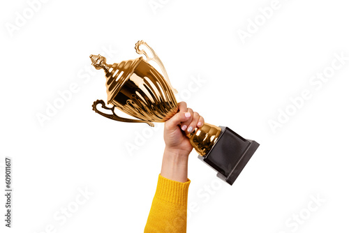 Hand of the person with a sports cup  isolated on transparent background