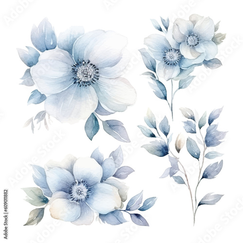 Set of floral watecolor silver and grey. flowers and leaves. Floral poster, invitation floral. Vector arrangements for greeting card or invitation design 