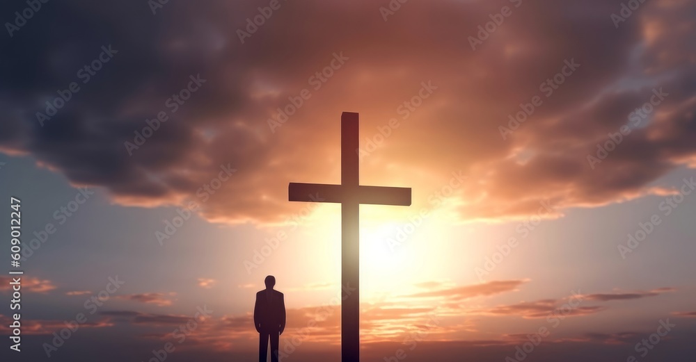 Concept of Jesus Christ: white cross on sunset sky background, Generative AI