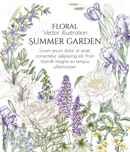 Vector frame summer garden in engraving style. Rose, lily, lupine, bluebells, tulip, peony, periwinkle, buttercups, irises, veronica