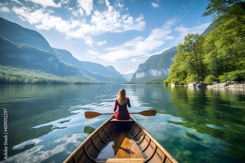 Image of a young woman padding a canoe on the lake on vacation. To relax on a clear day. Generative AI