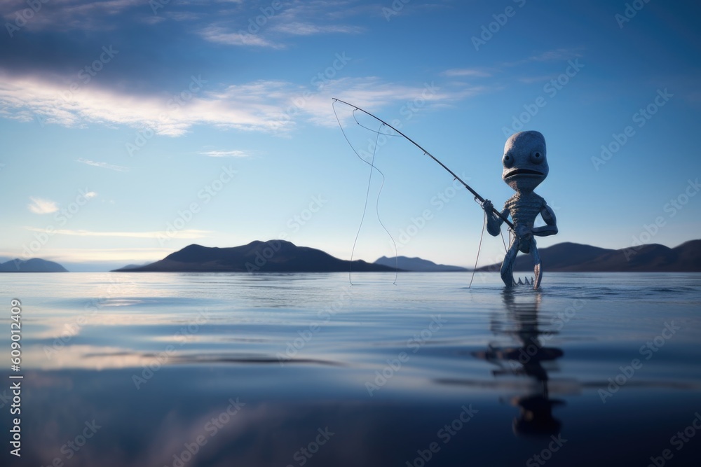 alien with fishing rod, casting its line into calm blue waters, created with generative ai