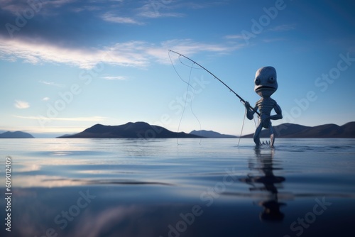 alien with fishing rod, casting its line into calm blue waters, created with generative ai