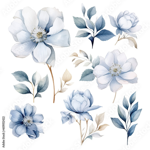 Set of floral watecolor silver and grey. flowers and leaves. Floral poster, invitation floral. Vector arrangements for greeting card or invitation design	