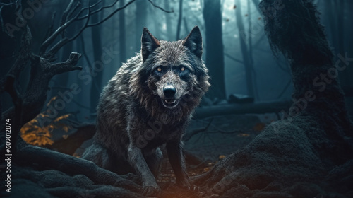 A werewolf in the woods with a blue background.generative ai