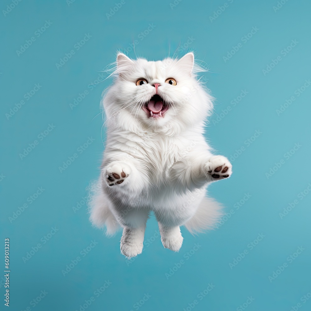 Happy fluffy white cat jumping on isolated solid background generative ai