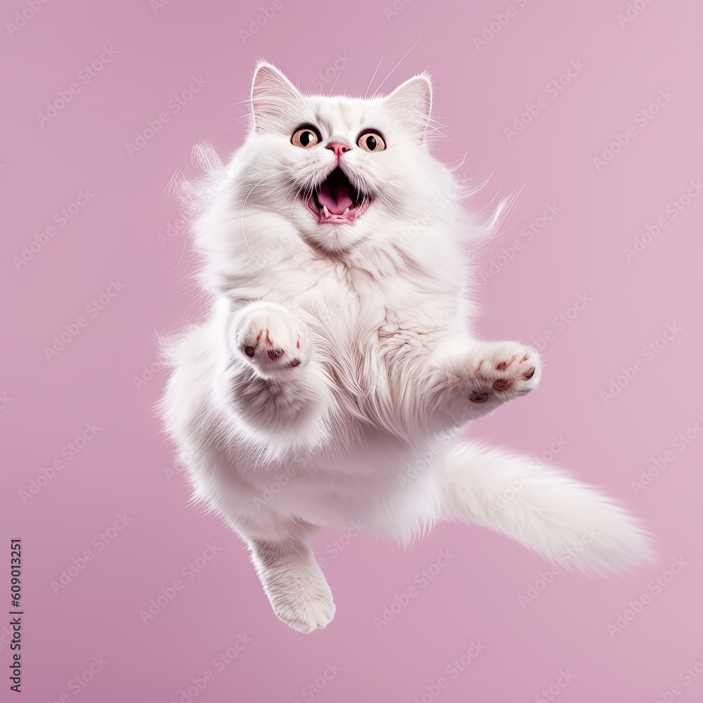 Happy fluffy white cat jumping on isolated solid background generative ...