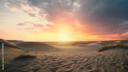 Global warming concept    sand dunes under dramatic evening sunset sky at drought desert landscape  Generative AI