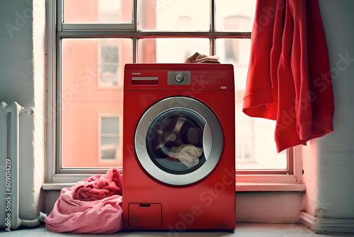 Red washing machine in front of a window