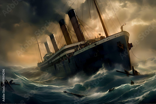 Fototapeta Cruise ship in the storm in 1912, men overboard