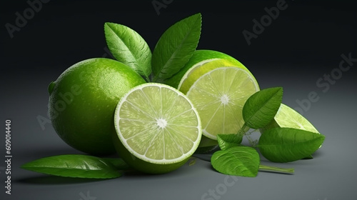 Limes and limes on a green background.generative ai