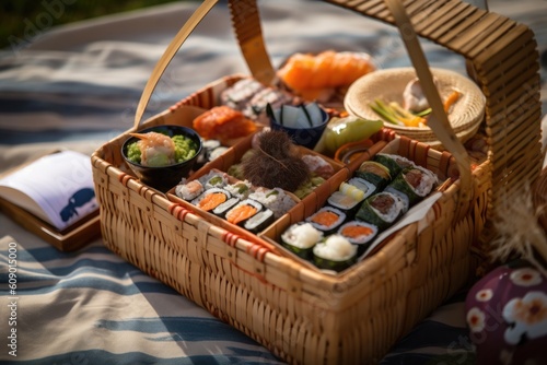 a picnic basket filled with sushis, rolls, and nigiri for a cultural fusion feast, created with generative ai