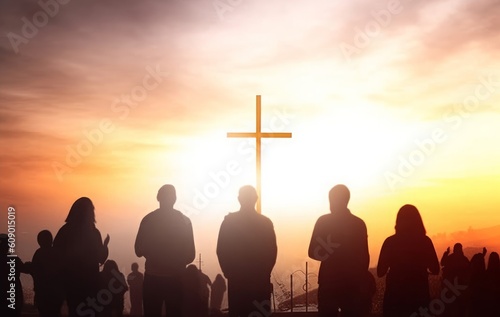 Worship concept:Silhouette people looking for the cross on sunrise background, Generative AI