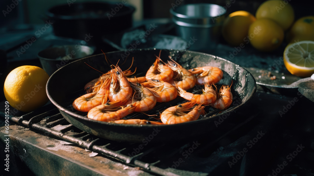 Shrimp grilled on a barbecue on a dark background. Generative AI technology. Shrimp grilled on a barbecue on a dark background. Generative AI technology.