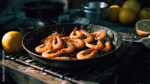 Shrimp grilled on a barbecue on a dark background. Generative AI technology.