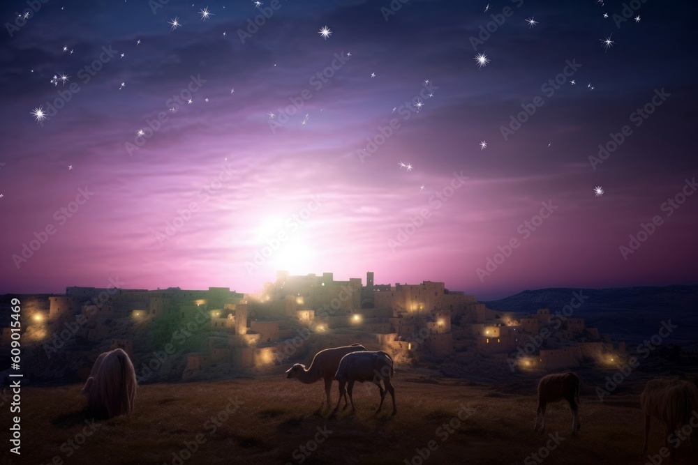 Christmas Eve concept:  A Bethlehem illuminated by the Christmas star of Christ, Generative AI