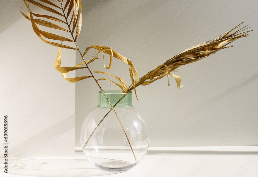 Obraz premium Modern glas vase with dry palm branches and sunlight shadow on white table near gray wall.Copy space, Minimal Scandinavian interior accessories. 