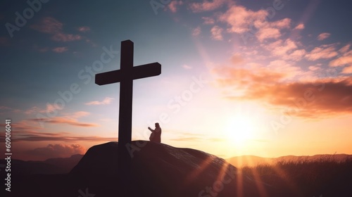 Religious concept: christian worship on cross sunrise background, Generative AI