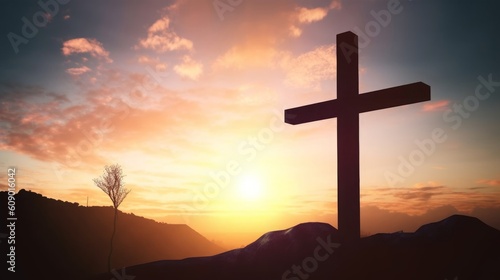 Religious concept: christian worship on cross sunrise background, Generative AI