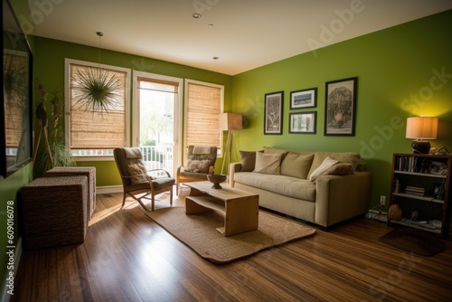 green living room with bamboo floor  natural lighting   eco-friendly furniture  created with generative ai