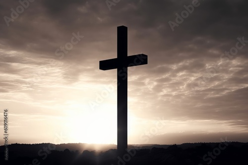 Concept of Jesus Christ: white cross on sunset sky background, Generative AI