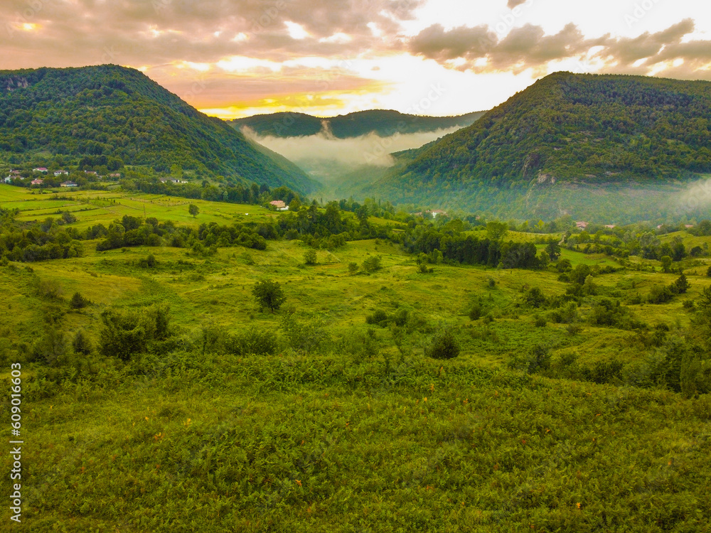 Fototapeta premium beautifull aerial view with clouds, fogs and smokes