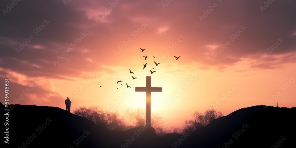 Religious concept: Silhouette cross and birds flying on  sunrise background, Generative AI