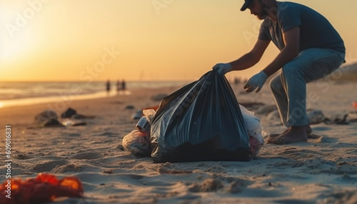 Volunteer man doing collecting trash from the beach - beach and environment cleaning awareness day. Generative IA.