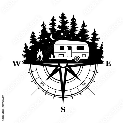 Camper in the Woods and Compass, Camping in the Nature, Hand Drawn Vector Illustration