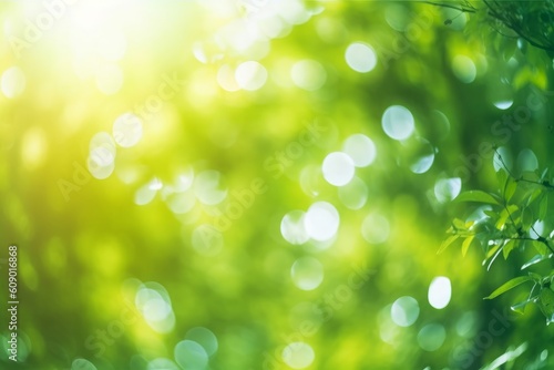 Earth Day concept: Sunny abstract green bokeh nature background, Generative AI