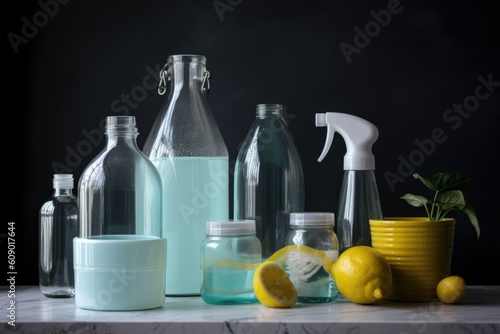 homemade cleaning products in a variety of containers, from glass bottles to plastic spray bottles, created with generative ai