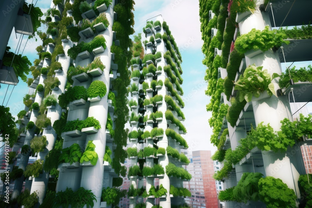 Urban vertical farming, Hydroponic Grow Tower. Modern vertical tower farms with multiple layers of crops and vegetation. AI generative Urban vertical farming, Hydroponic Grow Tower. Modern vertical tower farms with multiple layers of crops and vegetation. AI generative