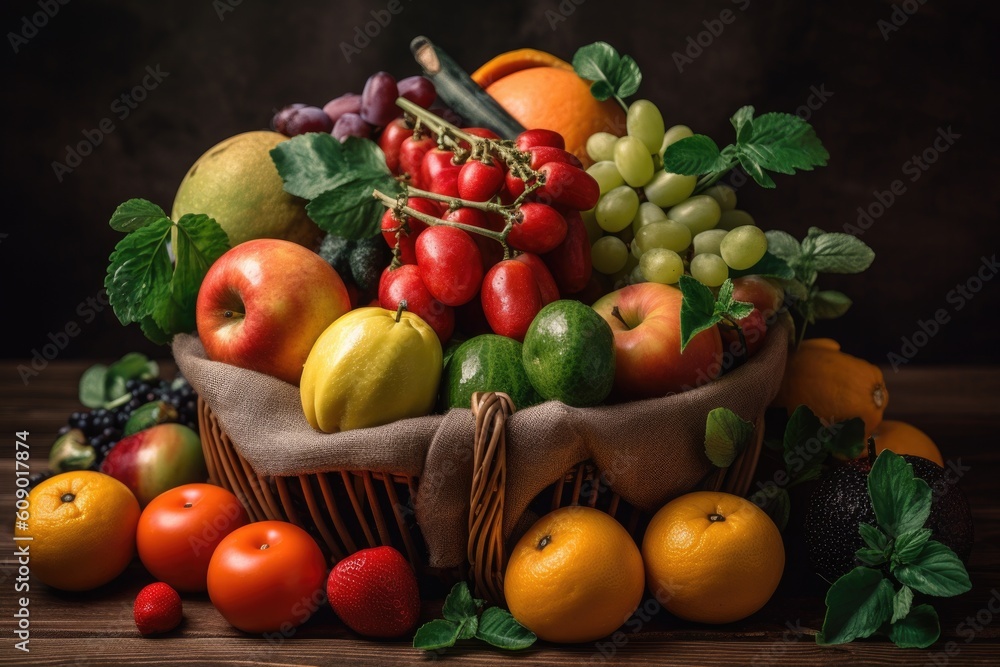basket of fruits and vegetables, representing variety of immune-boosting foods, created with generative ai