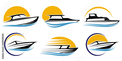 Set speed boat logo icon. Boat shining sun symbol design vector illustration	