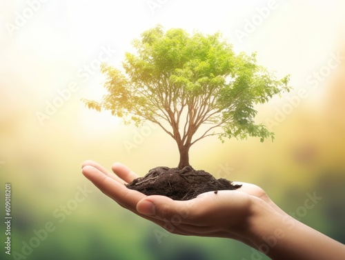 Valokuva ESG concept: Human hands holding big tree over blurred nature background, Genera