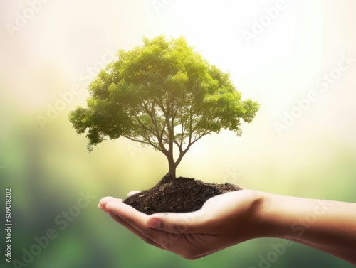 ESG concept: Human hands holding big tree over blurred nature background, Generative AI
