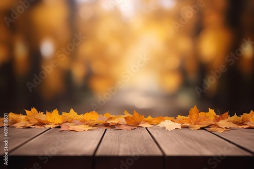 Natural Beauty. Empty Wooden Table in Autumn Garden. Natural Wood Background with Bokeh Lights.