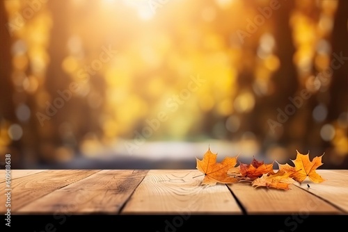 Natural Beauty. Empty Wooden Table in Autumn Garden. Natural Wood Background with Bokeh Lights.
