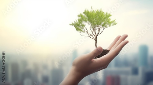 International Day of Charity concept: Human hand holding tree over city background, Generative AI